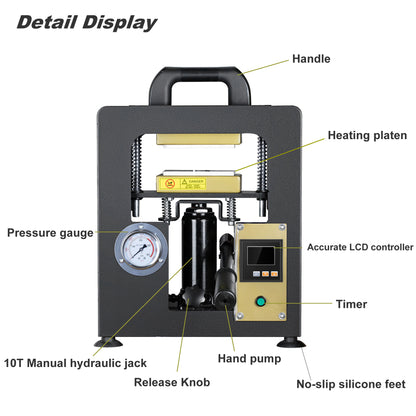 10T Hydraulic Jack Rosin Press Machine with Pressure Gauge & LCD Temp Controller
