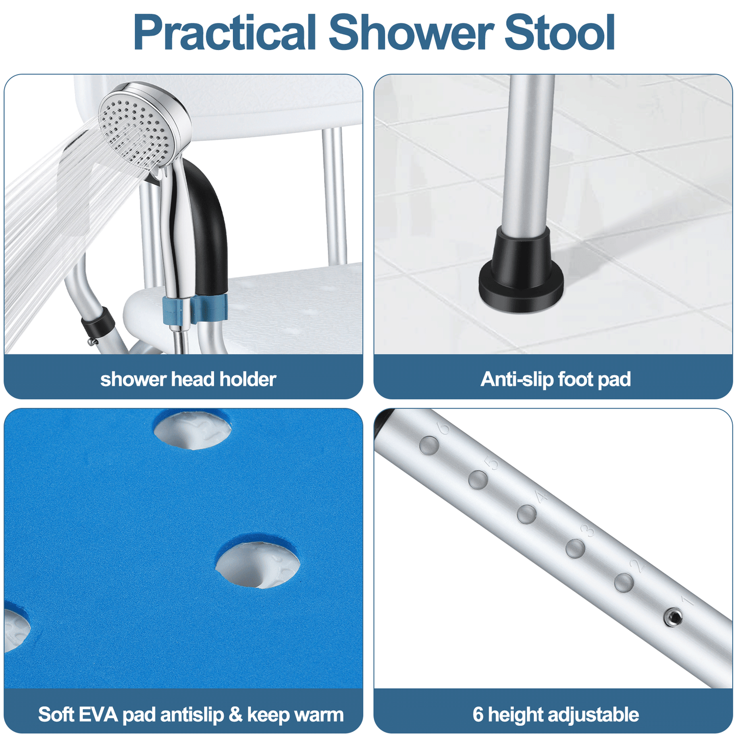 Shower Stool with Pad, Height Adjustable Shower Chair with Detachable Armrests Backrest