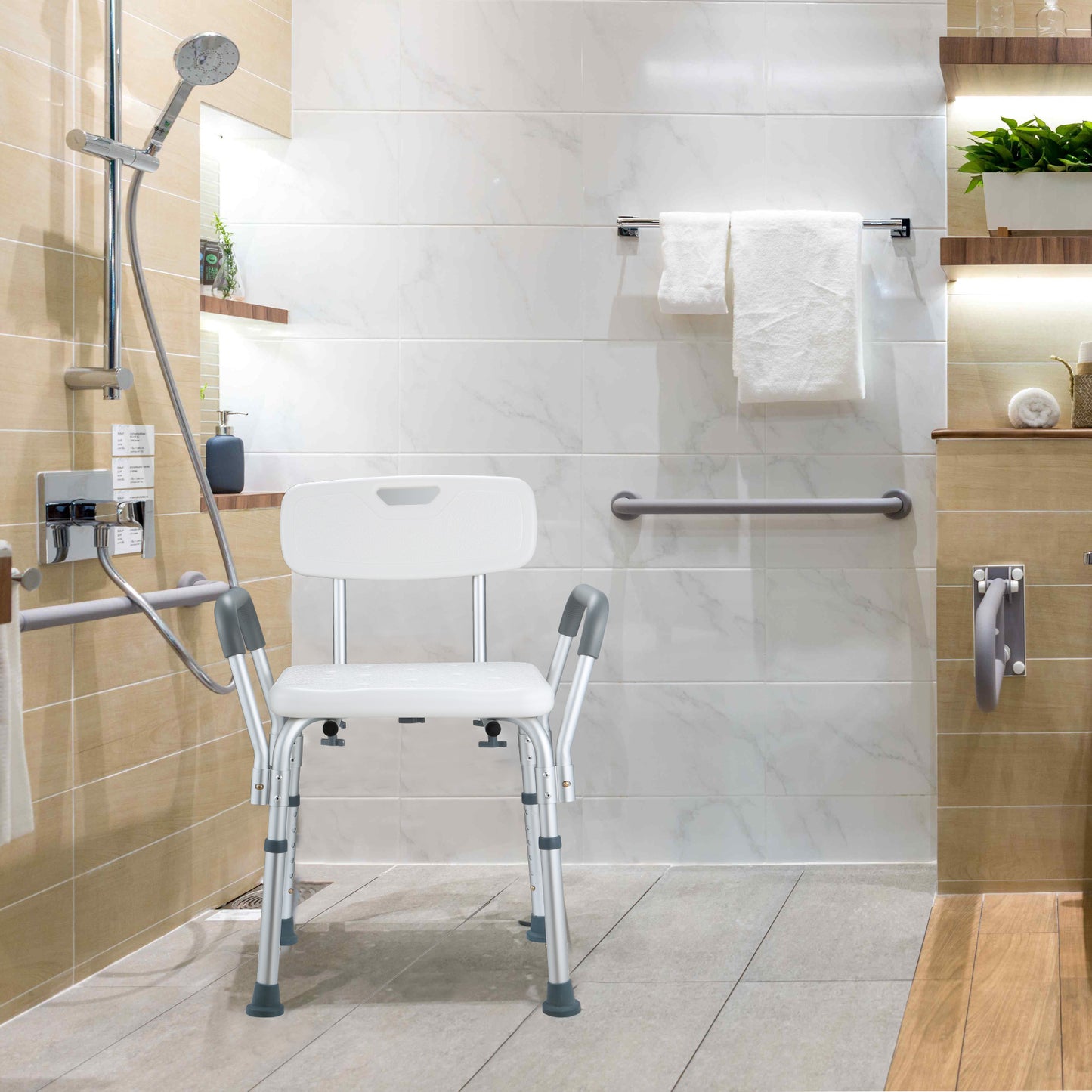 Height Adjustable Shower Chair with Detachable Armrests Backrest, Bath Chair for Seniors, Pregnant Women, Disabled