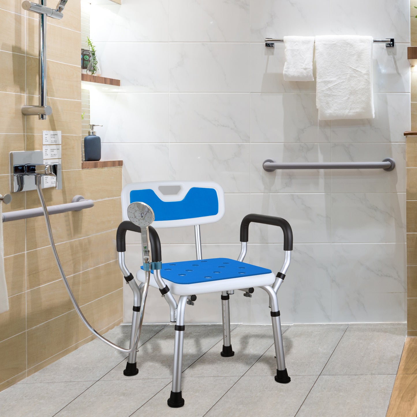 Shower Stool with Pad, Height Adjustable Shower Chair with Detachable Armrests Backrest